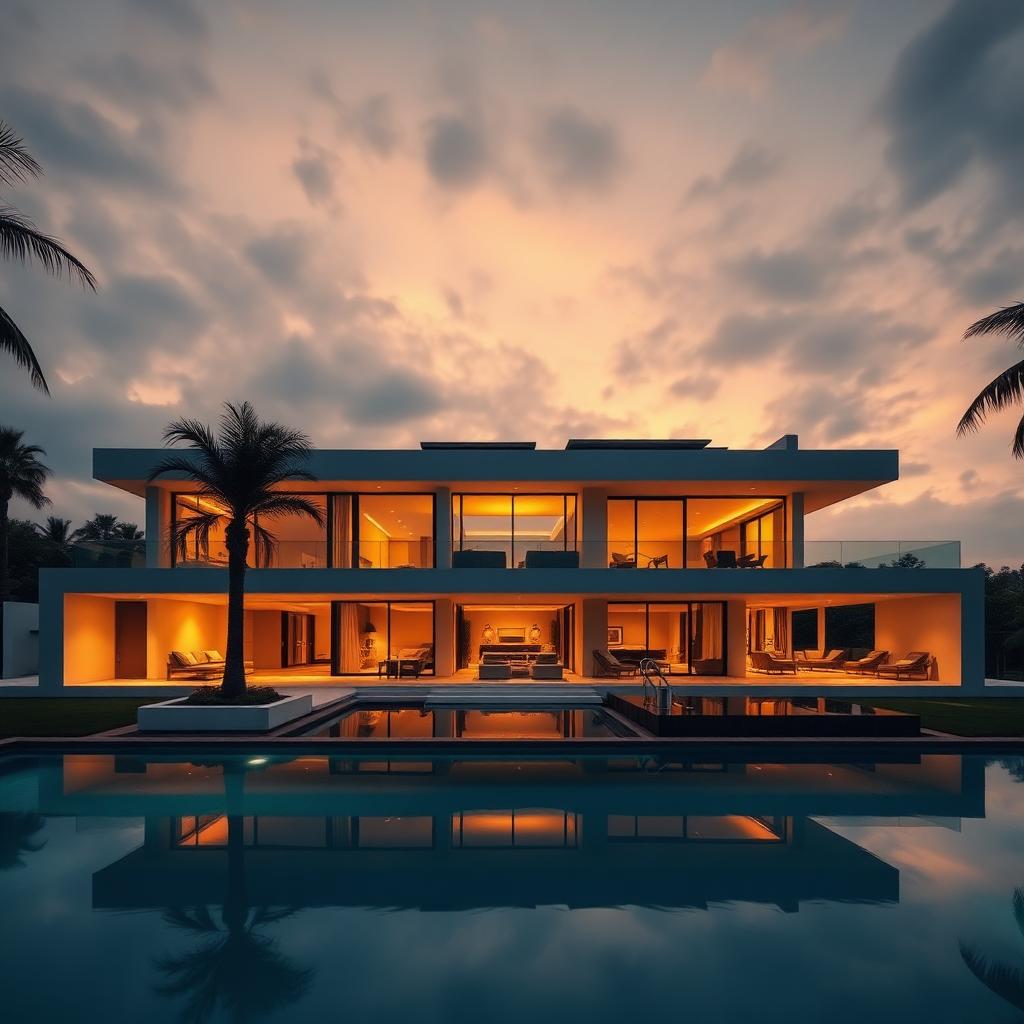 Modern luxury villa at dusk with infinity pool