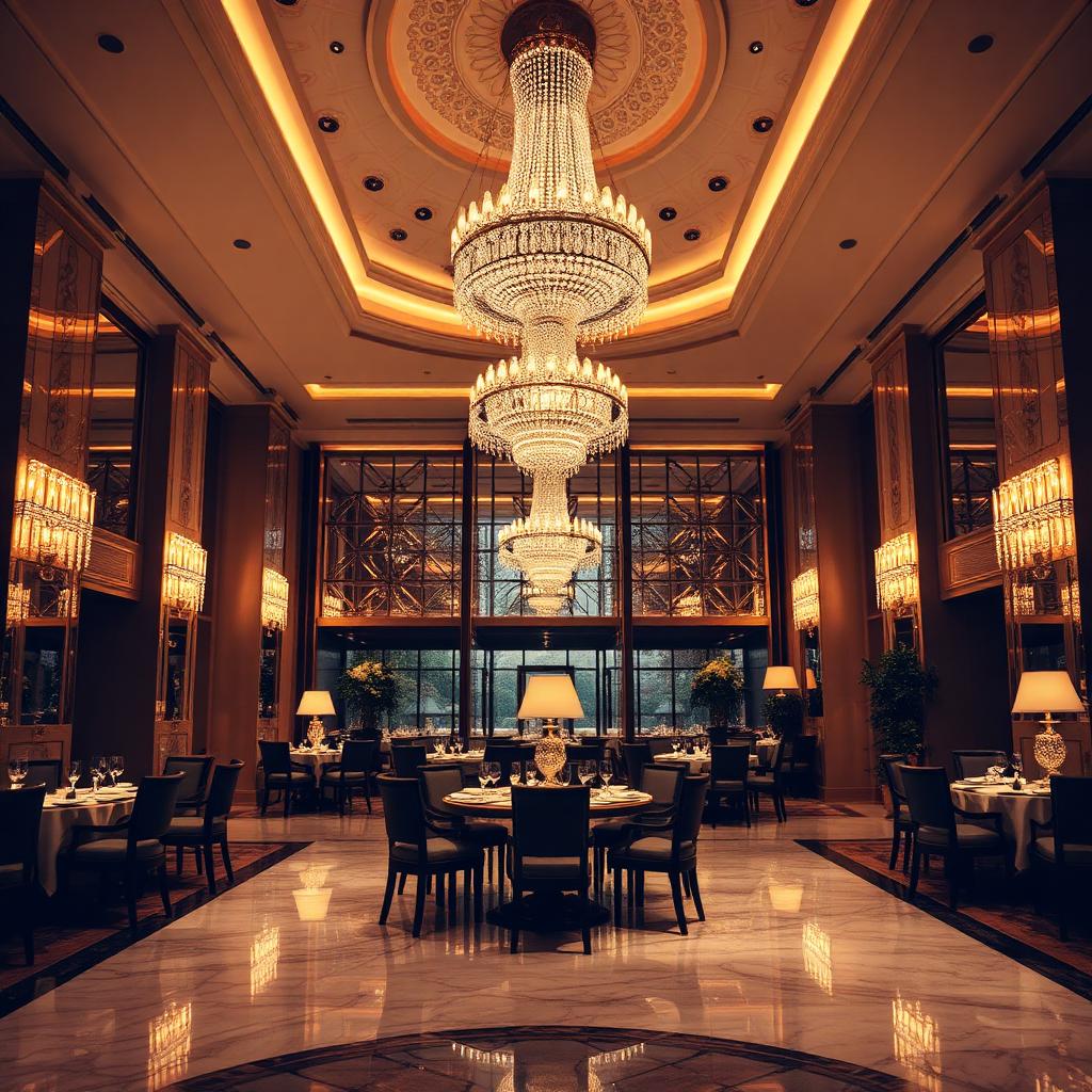 Five-star hotel dining hall with chandeliers